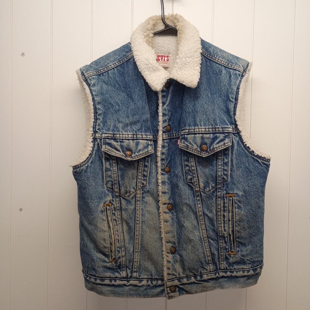 Vintage 80s 90s Levis Sherpa Lined Denim Vest Mens Size Large L USA Made Blue